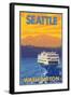 Ferry and Mountains, Seattle, Washington-Lantern Press-Framed Art Print