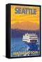 Ferry and Mountains, Seattle, Washington-Lantern Press-Framed Stretched Canvas