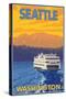 Ferry and Mountains, Seattle, Washington-Lantern Press-Stretched Canvas