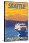 Ferry and Mountains, Seattle, Washington-Lantern Press-Stretched Canvas