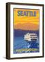 Ferry and Mountains, Seattle, Washington-Lantern Press-Framed Art Print