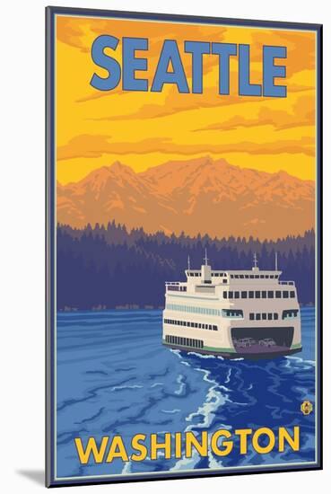 Ferry and Mountains, Seattle, Washington-Lantern Press-Mounted Art Print