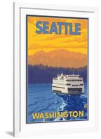 Ferry and Mountains, Seattle, Washington-Lantern Press-Framed Art Print