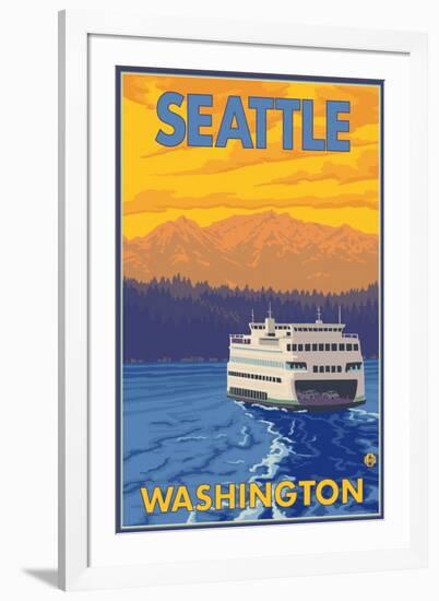 Ferry and Mountains, Seattle, Washington-Lantern Press-Framed Art Print