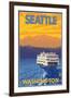 Ferry and Mountains, Seattle, Washington-Lantern Press-Framed Art Print