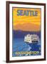 Ferry and Mountains, Seattle, Washington-Lantern Press-Framed Art Print