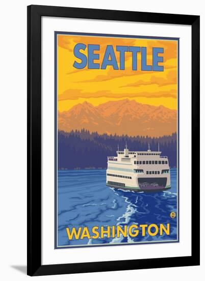 Ferry and Mountains, Seattle, Washington-Lantern Press-Framed Art Print