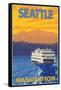 Ferry and Mountains, Seattle, Washington-Lantern Press-Framed Stretched Canvas