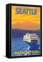 Ferry and Mountains, Seattle, Washington-Lantern Press-Framed Stretched Canvas