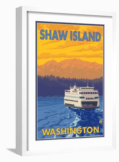 Ferry and Mountains, Shaw Island, Washington-Lantern Press-Framed Art Print