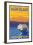 Ferry and Mountains, Shaw Island, Washington-Lantern Press-Framed Art Print