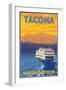 Ferry and Mountains, Tacoma, Washington-Lantern Press-Framed Premium Giclee Print