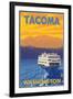 Ferry and Mountains, Tacoma, Washington-Lantern Press-Framed Art Print