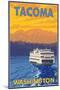 Ferry and Mountains, Tacoma, Washington-Lantern Press-Mounted Art Print