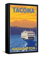 Ferry and Mountains, Tacoma, Washington-Lantern Press-Framed Stretched Canvas