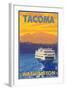 Ferry and Mountains, Tacoma, Washington-Lantern Press-Framed Art Print