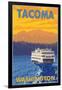 Ferry and Mountains, Tacoma, Washington-Lantern Press-Framed Art Print