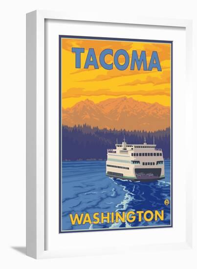 Ferry and Mountains, Tacoma, Washington-Lantern Press-Framed Art Print