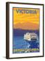 Ferry and Mountains, Victoria, BC Canada-Lantern Press-Framed Art Print