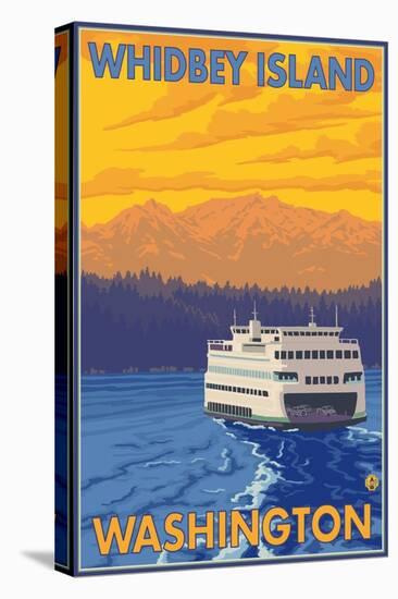 Ferry and Mountains, Whidbey Island, Washington-Lantern Press-Stretched Canvas