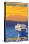 Ferry and Mountains, Whidbey Island, Washington-Lantern Press-Stretched Canvas