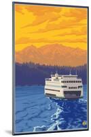 Ferry and Mountains-Lantern Press-Mounted Art Print