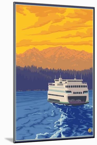 Ferry and Mountains-Lantern Press-Mounted Art Print