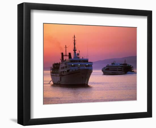 Ferry & Marine Traffic at Mykonos Harbor, Greece-Walter Bibikow-Framed Photographic Print