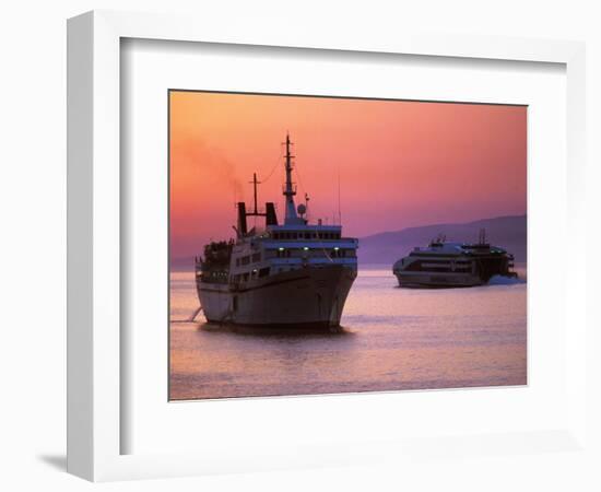 Ferry & Marine Traffic at Mykonos Harbor, Greece-Walter Bibikow-Framed Photographic Print