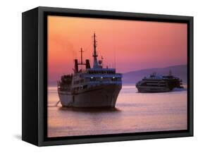 Ferry & Marine Traffic at Mykonos Harbor, Greece-Walter Bibikow-Framed Stretched Canvas