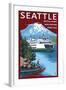 Ferry & Mount Rainier Scene - Seattle, Washington-Lantern Press-Framed Art Print