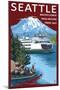 Ferry & Mount Rainier Scene - Seattle, Washington-Lantern Press-Mounted Art Print