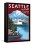 Ferry & Mount Rainier Scene - Seattle, Washington-Lantern Press-Framed Stretched Canvas