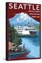 Ferry & Mount Rainier Scene - Seattle, Washington-Lantern Press-Stretched Canvas