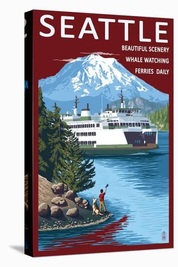 Ferry & Mount Rainier Scene - Seattle, Washington-Lantern Press-Stretched Canvas