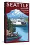 Ferry & Mount Rainier Scene - Seattle, Washington-Lantern Press-Stretched Canvas