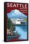 Ferry & Mount Rainier Scene - Seattle, Washington-Lantern Press-Framed Stretched Canvas