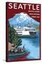 Ferry & Mount Rainier Scene - Seattle, Washington-Lantern Press-Stretched Canvas