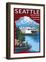 Ferry & Mount Rainier Scene - Seattle, Washington-Lantern Press-Framed Art Print