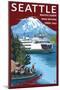 Ferry & Mount Rainier Scene - Seattle, Washington-Lantern Press-Mounted Art Print