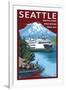 Ferry & Mount Rainier Scene - Seattle, Washington-Lantern Press-Framed Art Print