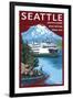 Ferry & Mount Rainier Scene - Seattle, Washington-Lantern Press-Framed Art Print