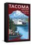 Ferry & Mount Rainier Scene - Tacoma, Washington-Lantern Press-Framed Stretched Canvas