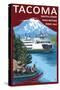 Ferry & Mount Rainier Scene - Tacoma, Washington-Lantern Press-Stretched Canvas