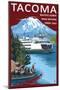 Ferry & Mount Rainier Scene - Tacoma, Washington-Lantern Press-Mounted Art Print