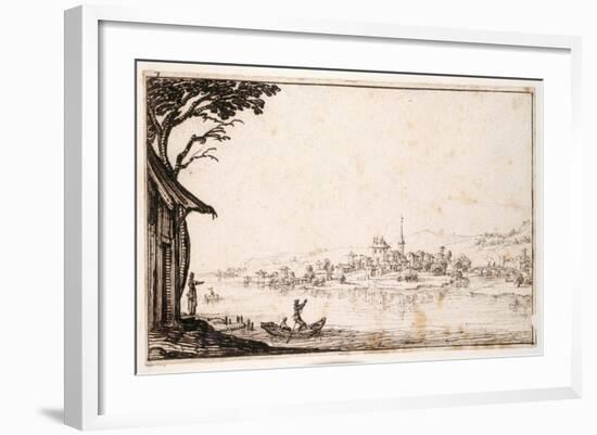 Ferrying a Passenger across a River to a Small Town Linked by a Bridge to a Castle-Jacques Callot-Framed Giclee Print