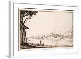 Ferrying a Passenger across a River to a Small Town Linked by a Bridge to a Castle-Jacques Callot-Framed Giclee Print