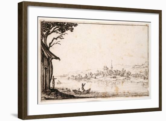 Ferrying a Passenger across a River to a Small Town Linked by a Bridge to a Castle-Jacques Callot-Framed Giclee Print