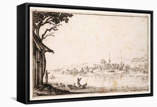 Ferrying a Passenger across a River to a Small Town Linked by a Bridge to a Castle-Jacques Callot-Framed Stretched Canvas