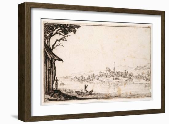 Ferrying a Passenger across a River to a Small Town Linked by a Bridge to a Castle-Jacques Callot-Framed Giclee Print